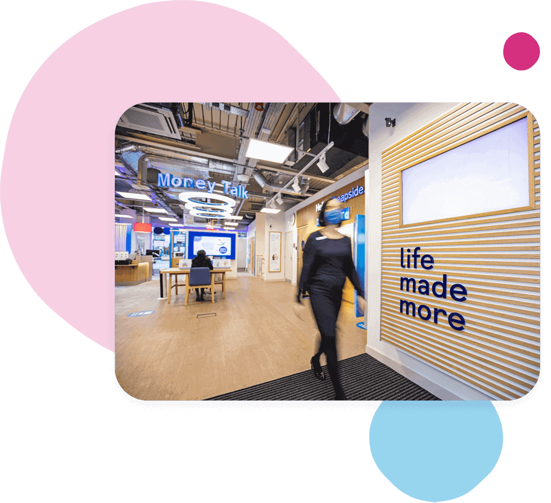 Human in TSB branch. Text on wall reads life made more.